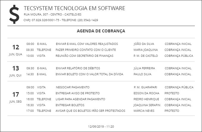 Impressão da agenda de cobrança